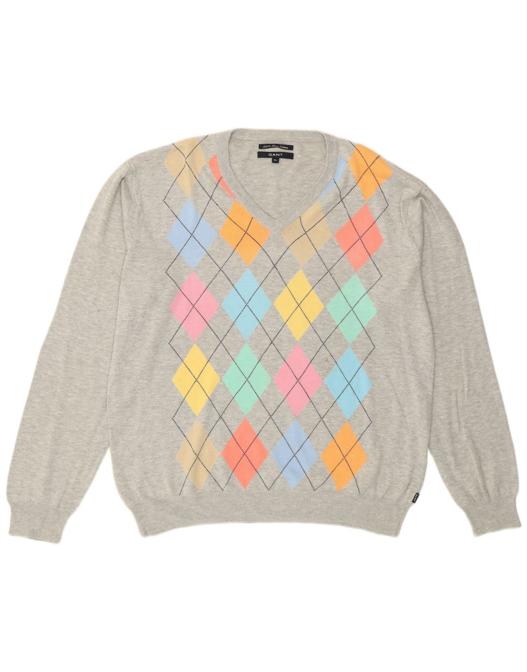 Męski sweter Gant z dekoltem w kształcie litery V, XL, szary, argyle/diamentowa bawełna