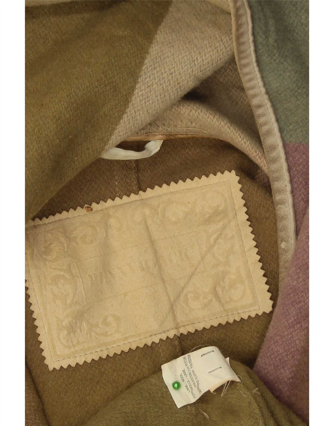 Vintage damski płaszcz z kapturem, oversize IT 42, wełna w kratkę w kolorze khaki