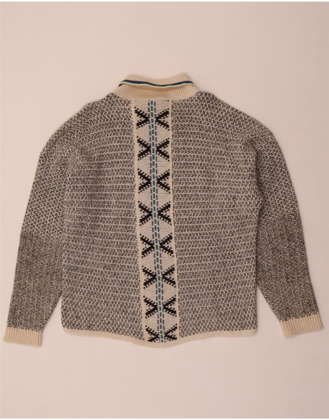 Vintage męski sweter z wywijanym dekoltem, duży szary, geometryczny wełniany