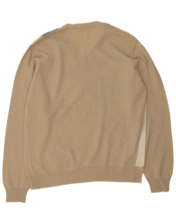 Męski sweter z dekoltem w kształcie litery V, Benetton, duży, beżowy, argyle/diamentowa wełna