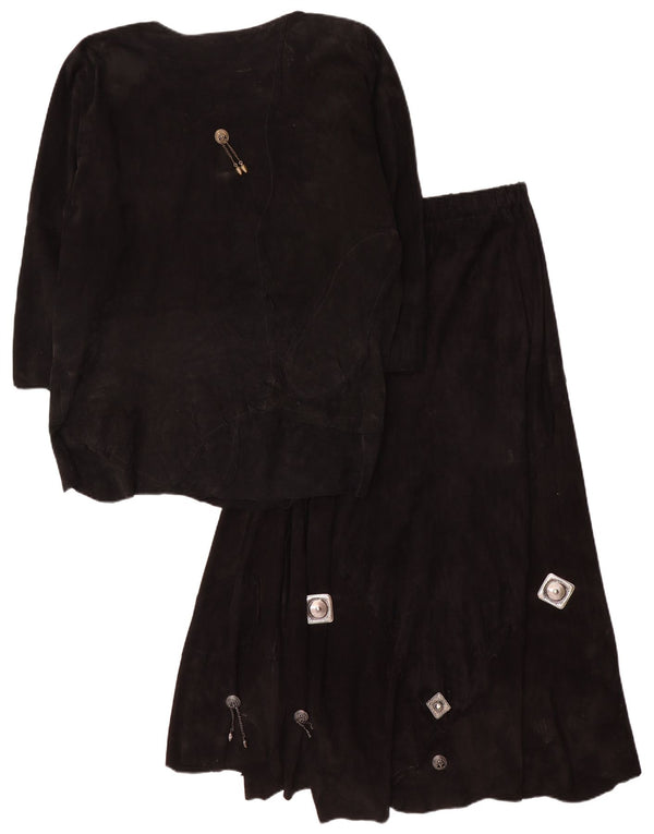 Vintage damski zestaw 2-częściowych zamszowych spódnic z rękawami 3/4 UK 12 Medium W28 Black