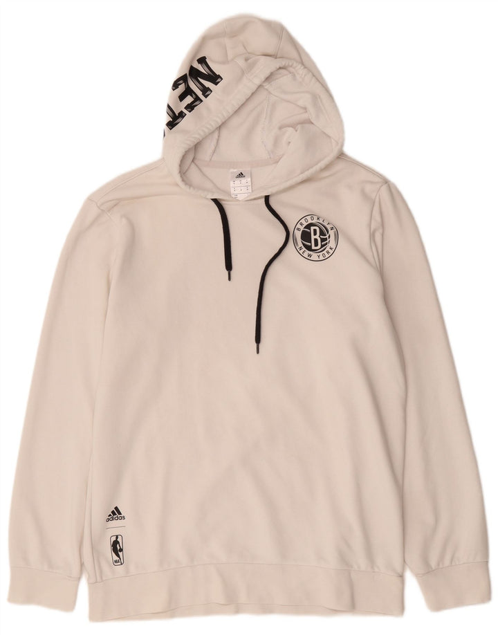 Męska bluza z kapturem Adidas Brooklyn Nets Graphic, średnia biała bawełna