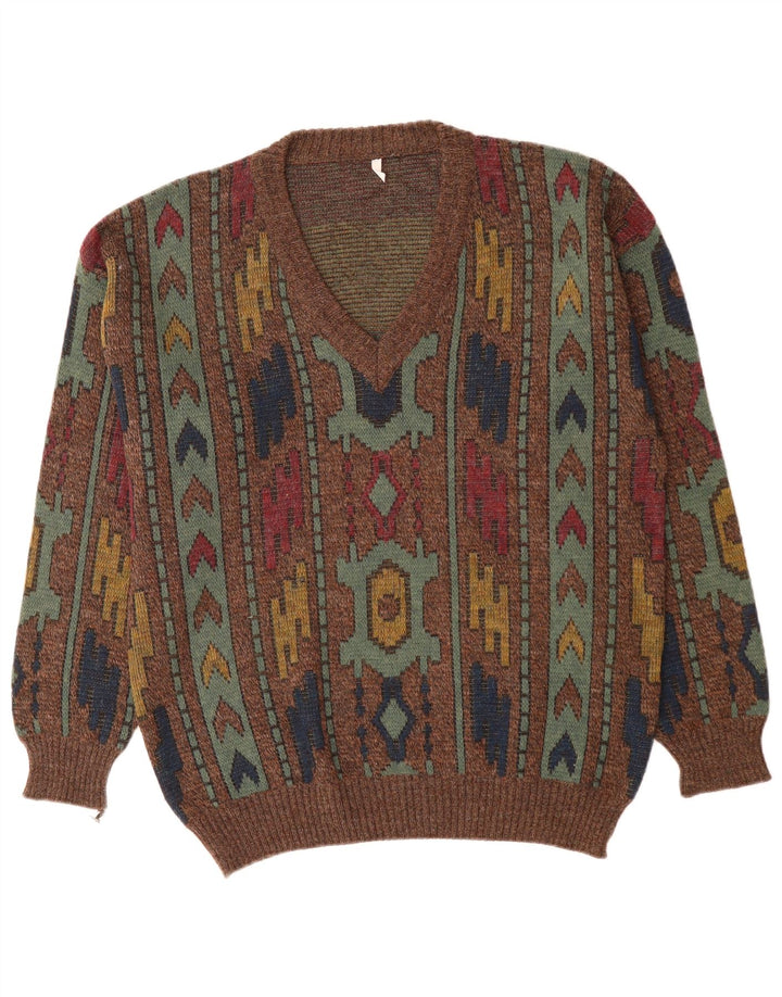 Męski sweter VINTAGE z dekoltem w kształcie litery V IT 50 Średni brązowy geometryczny