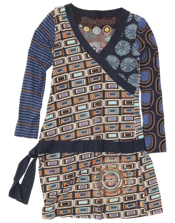 Desigual damska graficzna sukienka z obniżoną talią UK 14, duża, granatowa, geometryczna