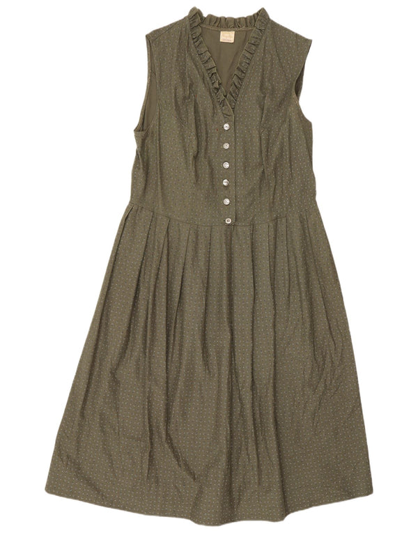 Vintage damska sukienka o linii A bez rękawów UK 16, duża, khaki, w kwiaty