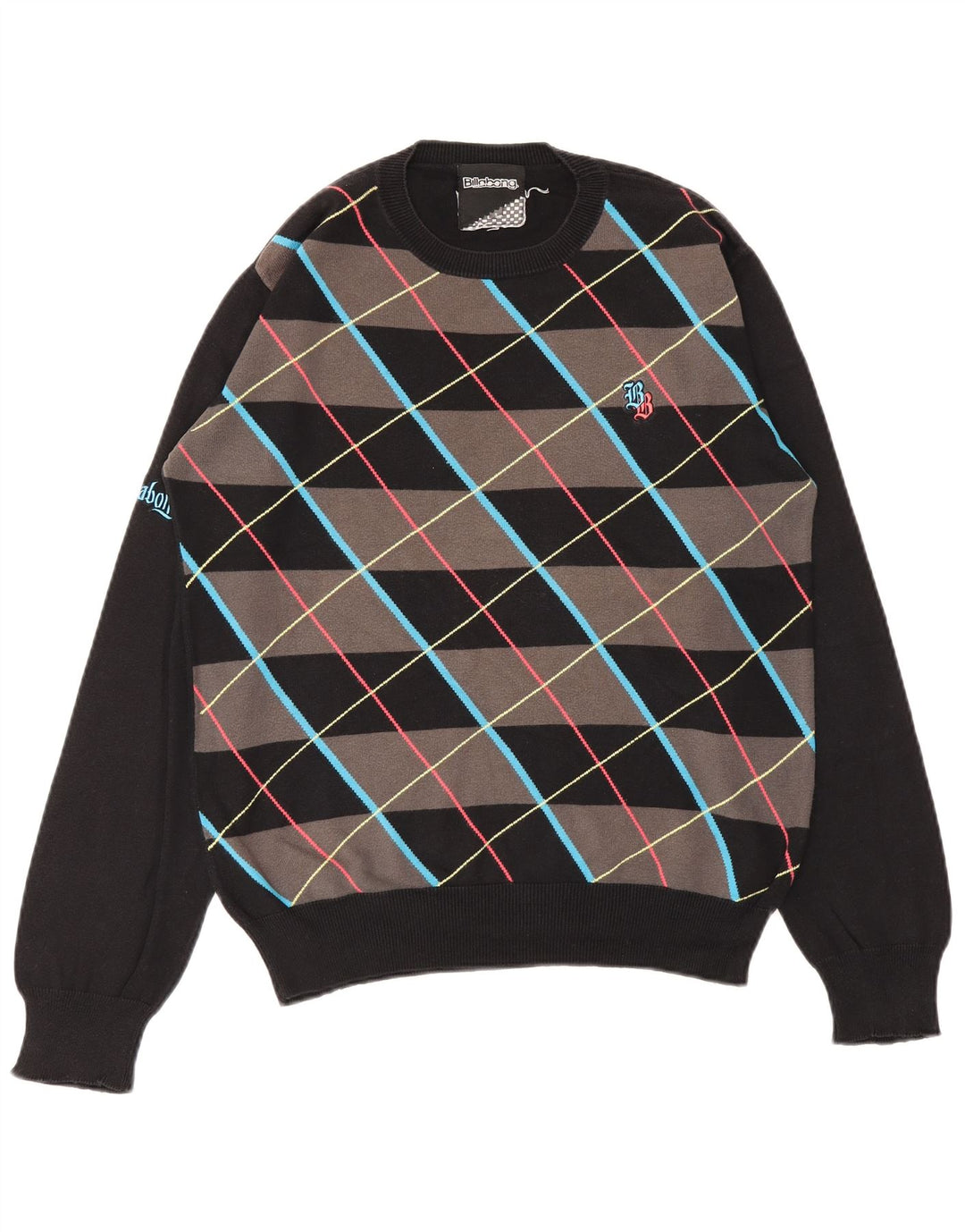 BILLABONG Męski sweter z okrągłym dekoltem, mały, czarny, wykonany z tkaniny argyle/diamentowej bawełny