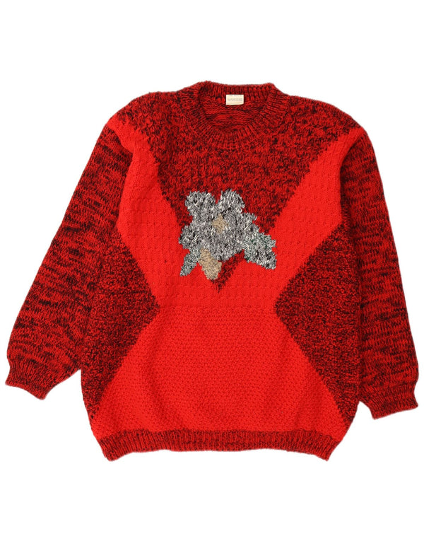 Vintage damski sweter z wycięciem pod szyją, UK 14, średni, czerwony, nakrapiany