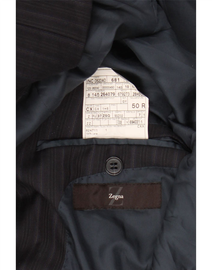 Męska marynarka Zegna zapinana na 3 guziki IT 50, duża, granatowa, wełniana w prążki