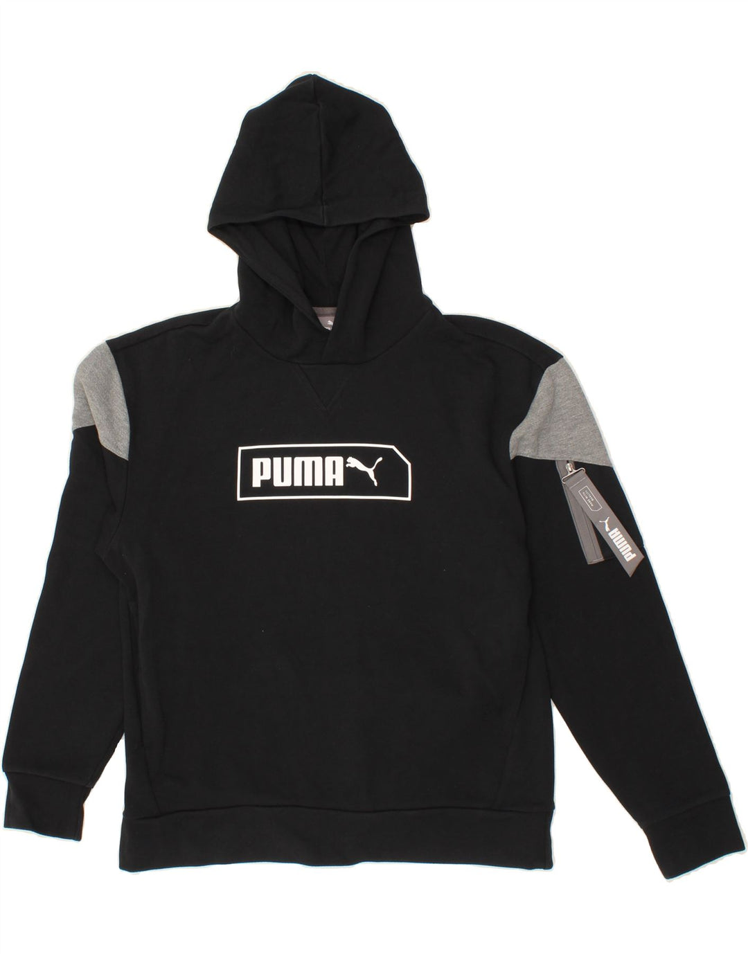 PUMA Mens Graphic Hoodie Jumper Small Black Colourblock Vintage Puma and Second-Hand Puma from Messina Hembry 
