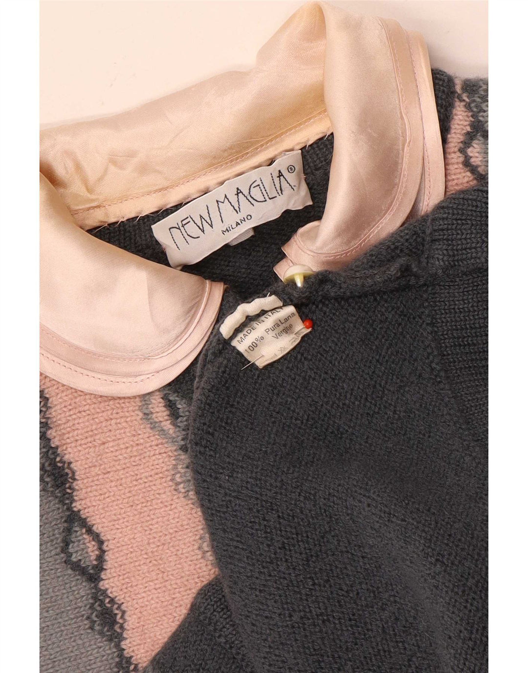 Sweter damski w stylu vintage, UK 12, średnioszary, geometryczny, wełniany
