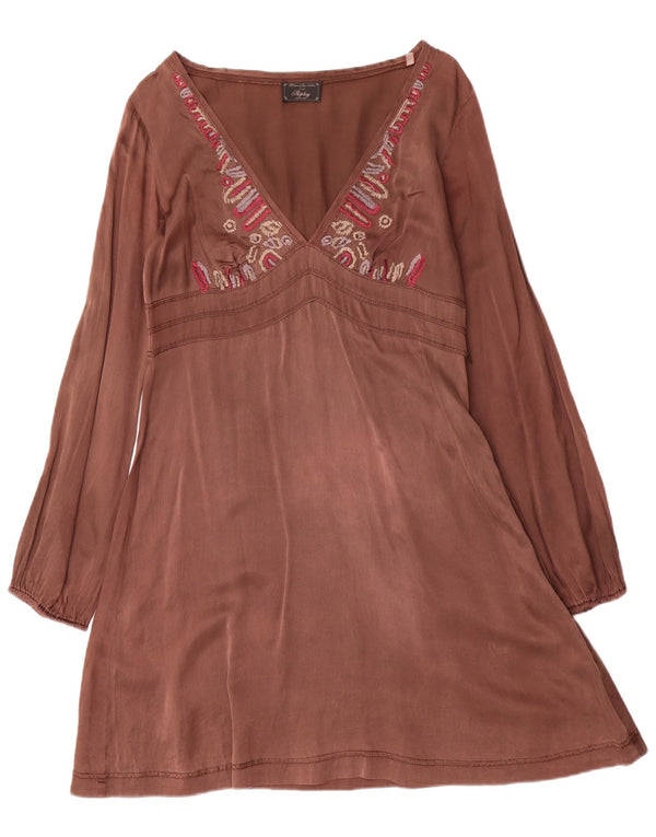 Damska sukienka w kształcie litery A z długim rękawem Replay, UK 12, średni brązowy jedwab