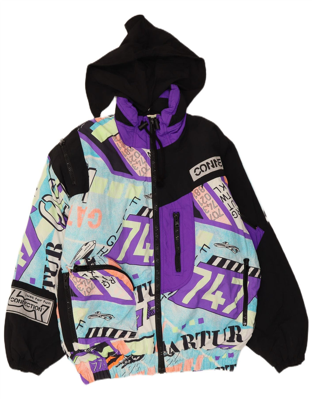 Męska kurtka narciarska z kapturem w stylu vintage, UK 40, duża, wielobarwna, z poliamidu