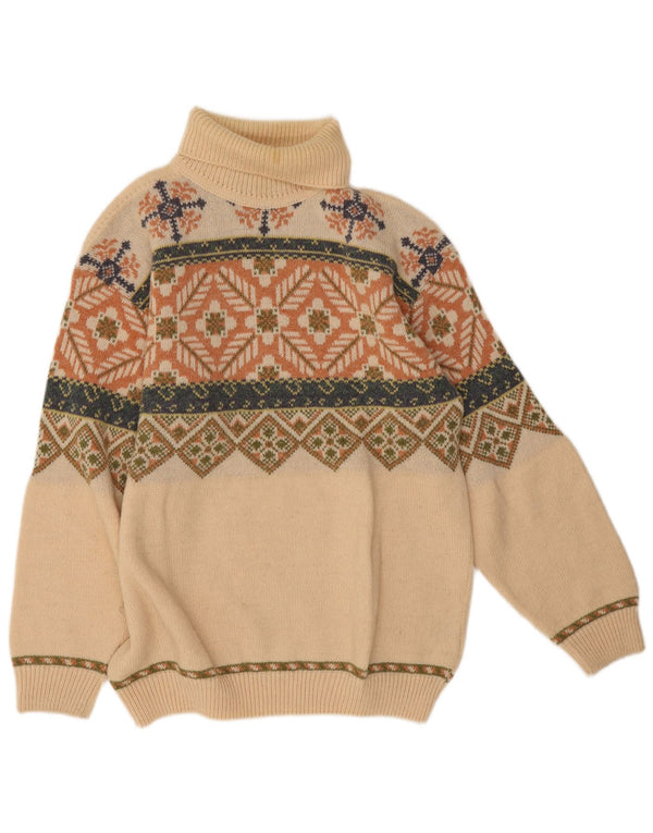 Sweter damski w stylu vintage z golfem UK 14, duży, beżowy, wełna Fair Isle