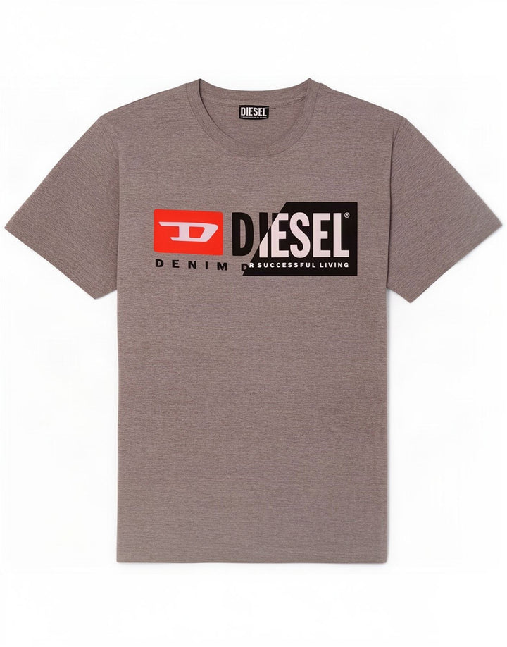 Męska koszulka z grafiką Diesel, średnia, szara, nakrapiana bawełna