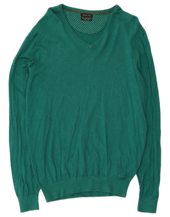 Męski sweter Massimo Dutti z dekoltem w kształcie litery V, duży, zielony, bawełniany
