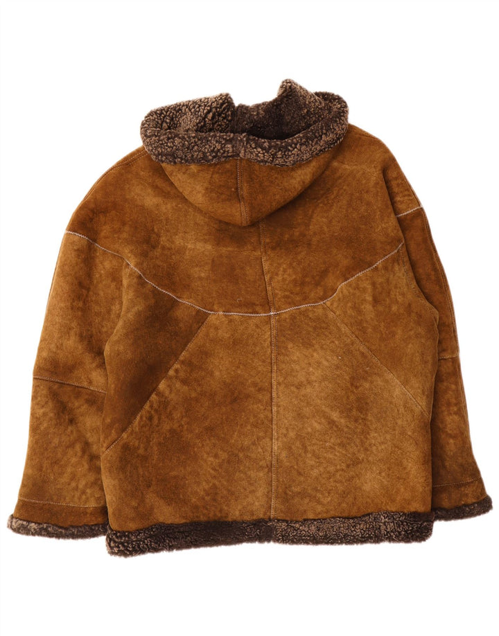 Vintage damska kurtka typu shearling z kapturem, oversize IT 44, średni brąz