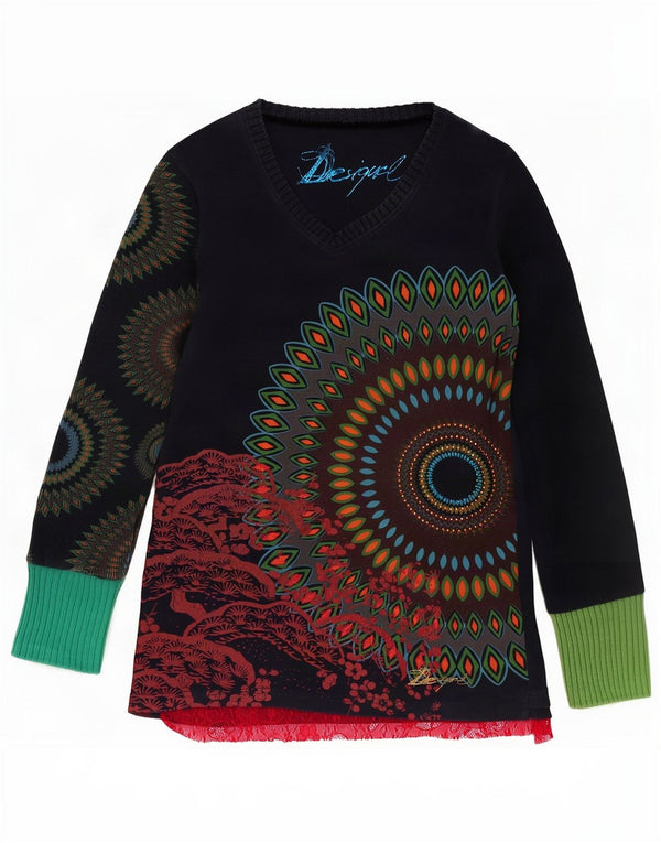 Damska bluzka Desigual w abstrakcyjny wzór, UK 14, duża, granatowa, bawełniana