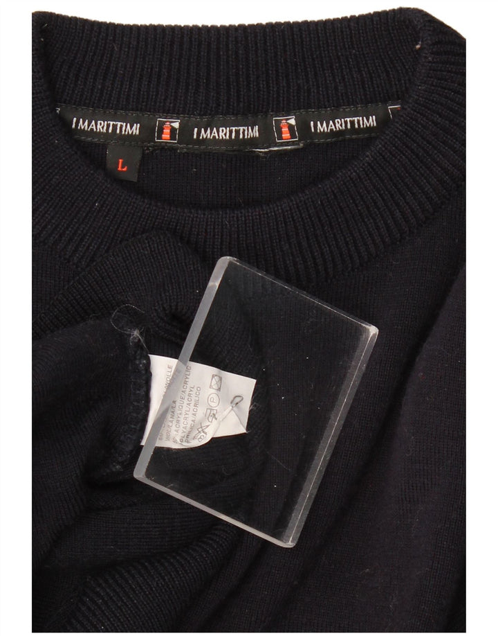 Męski sweter z okrągłym dekoltem w stylu VINTAGE, duży, granatowy, bawełniany