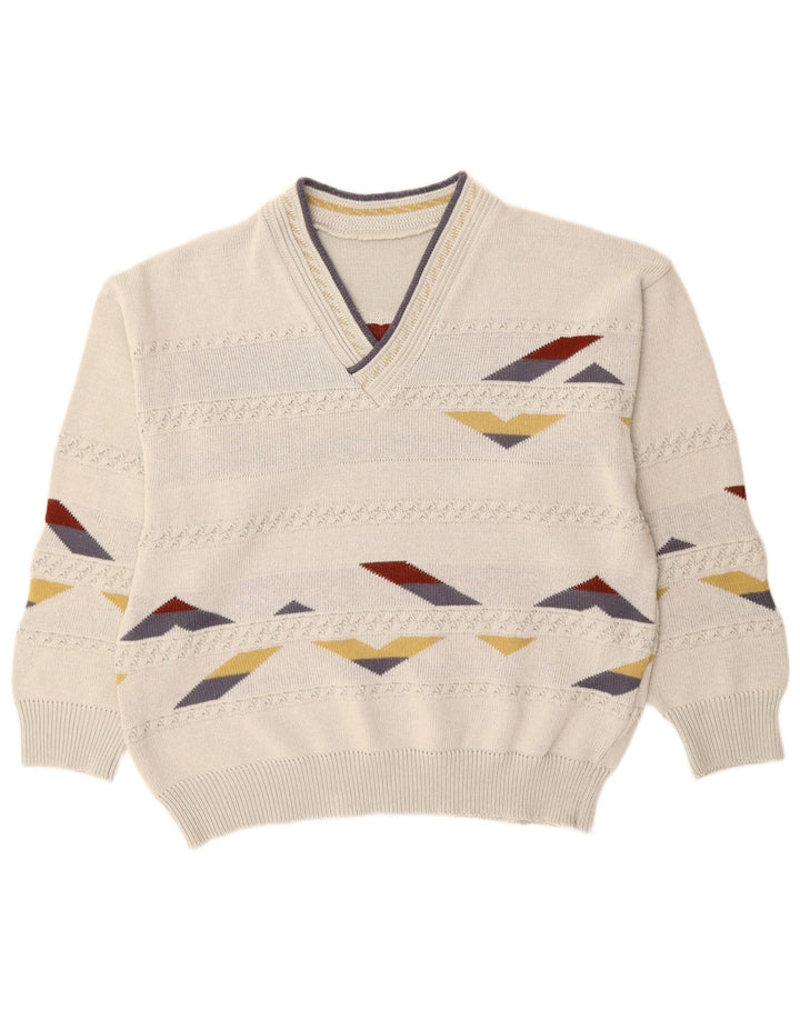 Vintage męski sweter z dekoltem w kształcie litery V, XL, biały, geometryczny