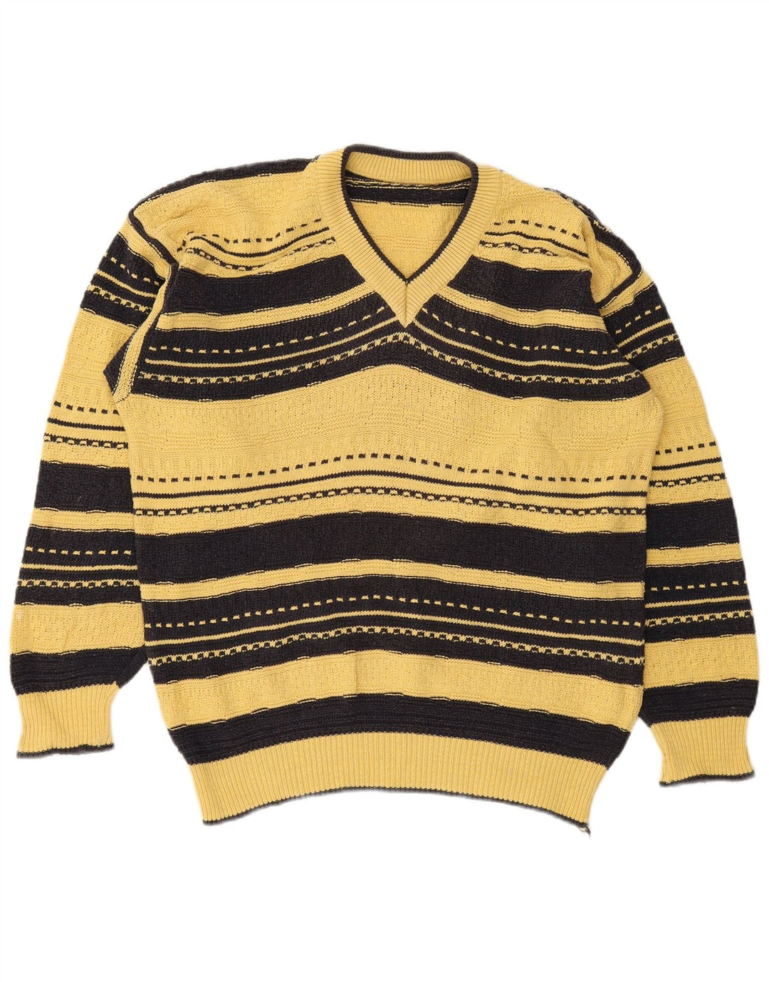 Vintage męski sweter z dekoltem w kształcie litery V, duże żółte paski