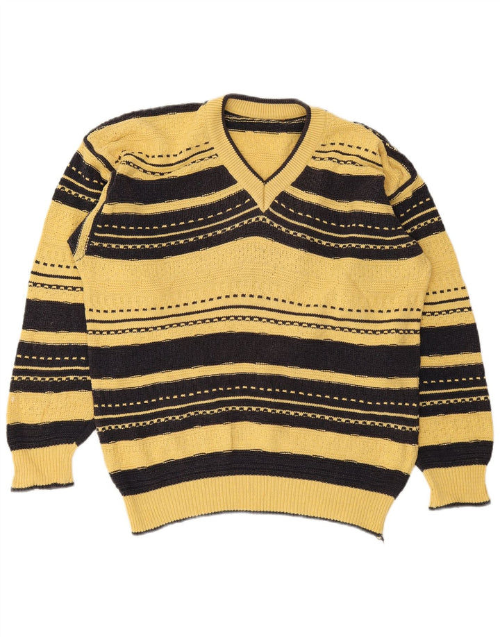 Vintage męski sweter z dekoltem w kształcie litery V, duże żółte paski