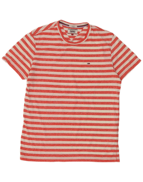 Męski T-shirt Tommy Jeans o wąskim kroju, duży, poliestrowy w czerwone paski