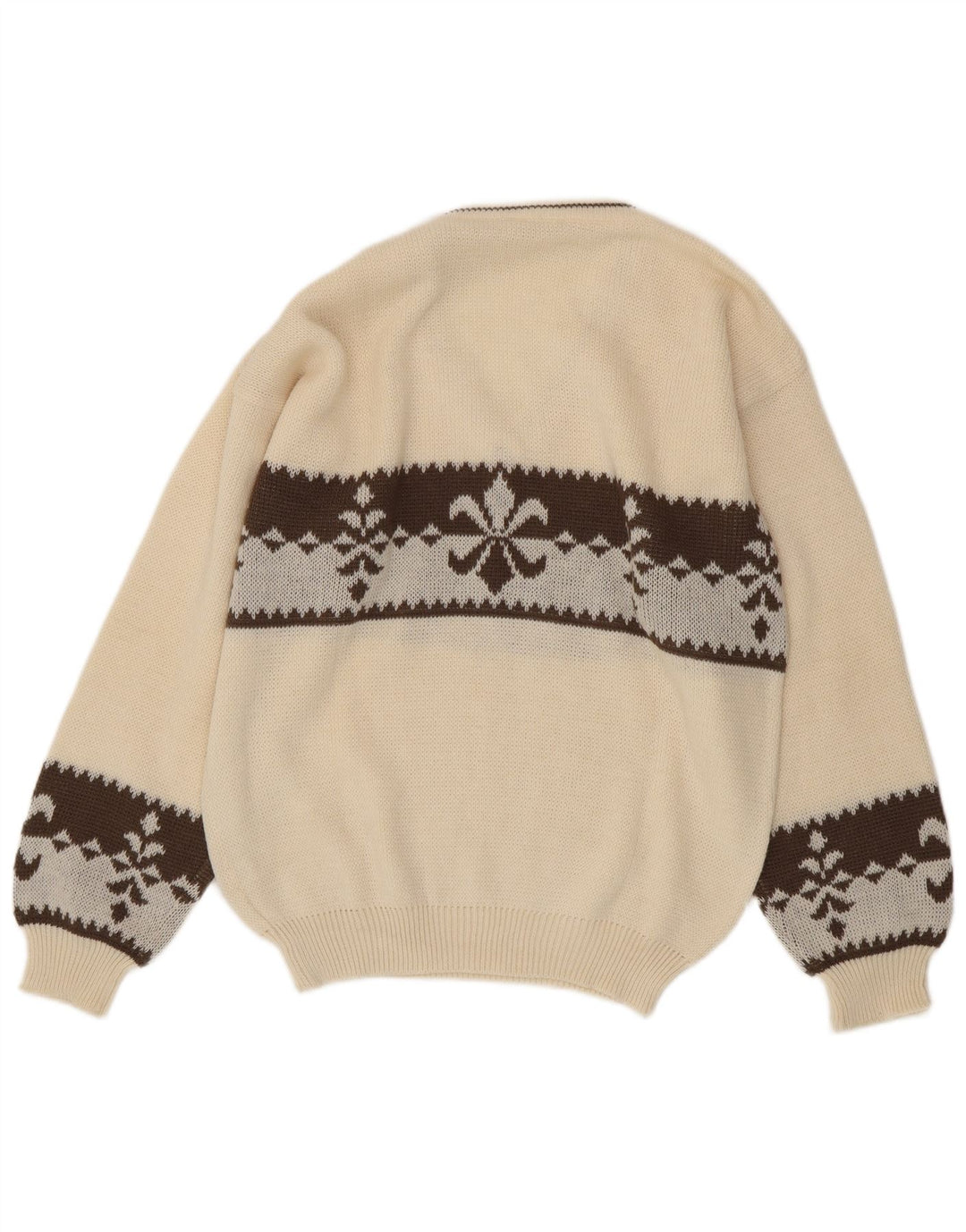 Vintage męski sweter z dekoltem w szpic, duży, biały, wełniany Fair Isle
