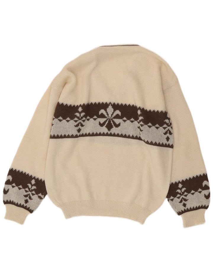 Vintage męski sweter z dekoltem w szpic, duży, biały, wełniany Fair Isle
