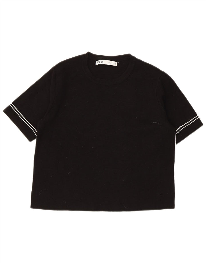 Damski sweter ZARA z krótkim rękawem i okrągłym dekoltem UK 12, średni czarny