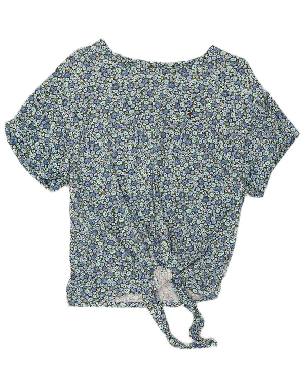 TOMMY HILFIGER Womens Crop Blouse Top UK 10 Small Blue Floral Cotton