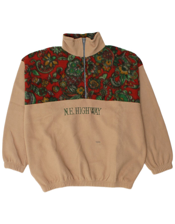Vintage Mens Graphic Zip Neck Fleece Jumper XL Beige Floral Polyester