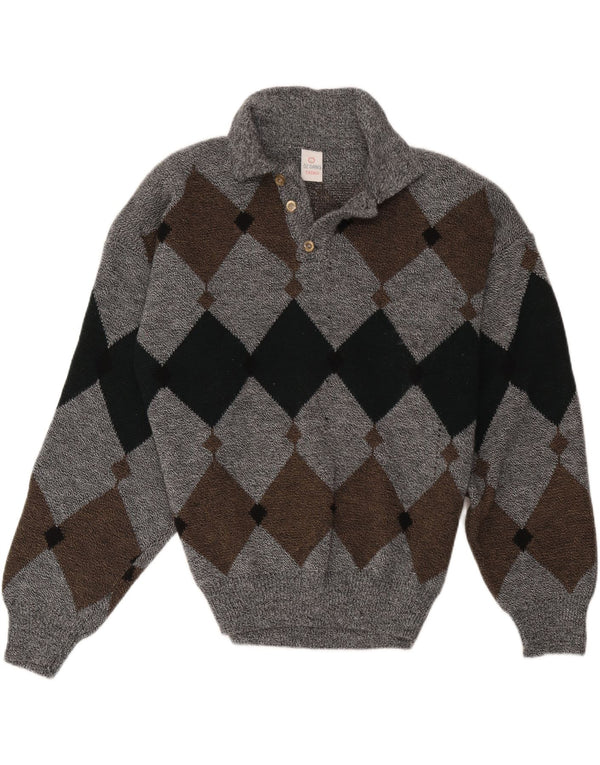 Vintage męski sweter polo z dekoltem w serek, duży, szary Argyle/diament