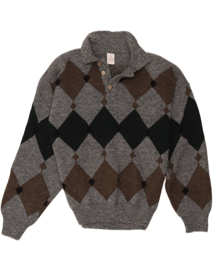 Vintage męski sweter polo z dekoltem w serek, duży, szary Argyle/diament