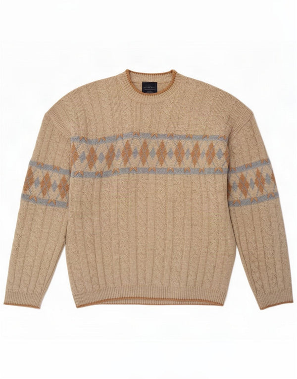 The Sweater Shop Mens Crew Neck Jumper Sweater Large Beige Argyle/Diamond