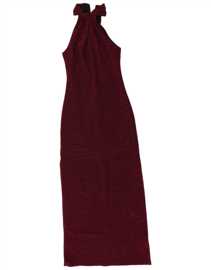 Vintage damska sukienka Maxi Halter UK 8 Mały bordowy nakrapiany poliester