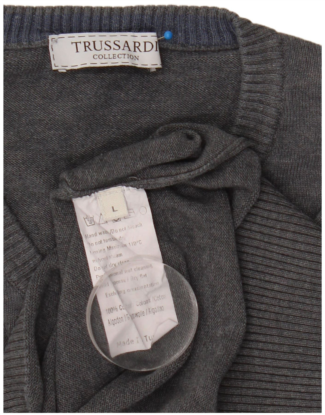 Męski sweter Trussardi z dekoltem w kształcie litery V, duży, szary, bawełniany