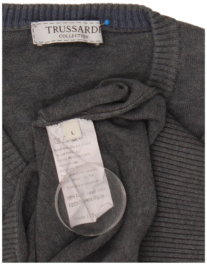 Męski sweter Trussardi z dekoltem w kształcie litery V, duży, szary, bawełniany