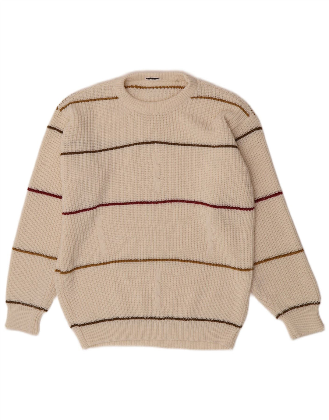 Vintage męski sweter z okrągłym dekoltem, średni, złamany biały akryl w paski