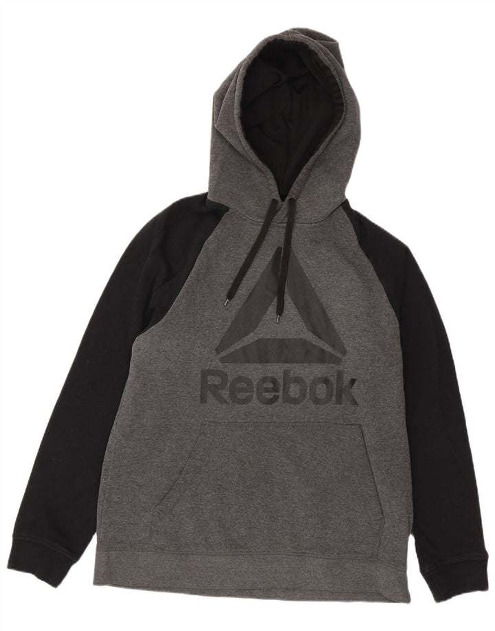 Męski sweter z kapturem Reebok z grafiką, średnioszary, bawełniany z blokami kolorów