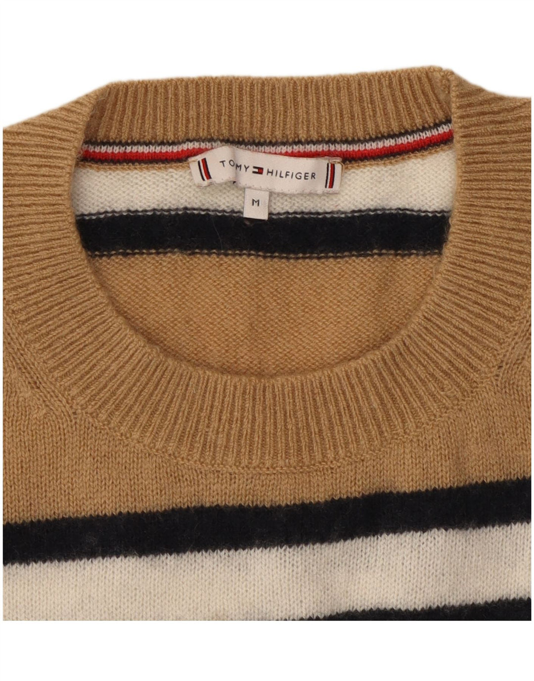 Damski sweter z okrągłym dekoltem TOMMY HILFIGER UK 12 w średnie beżowe paski