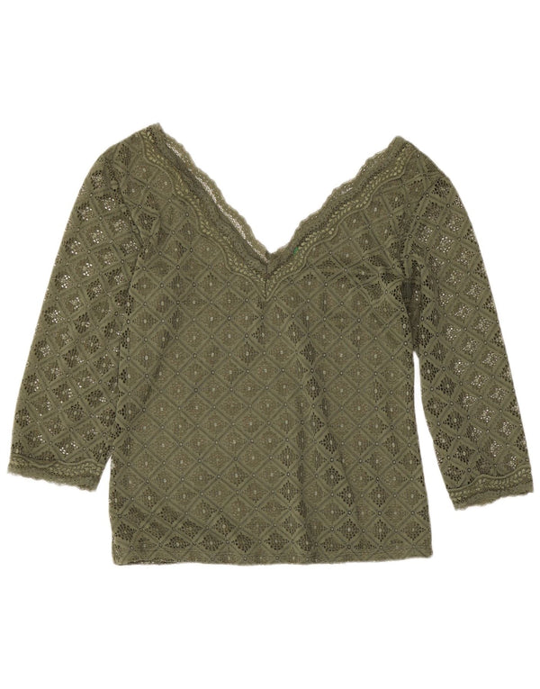 Damska koronkowa bluzka Benetton z rękawem 3/4, UK 12, średnia khaki, geometryczna