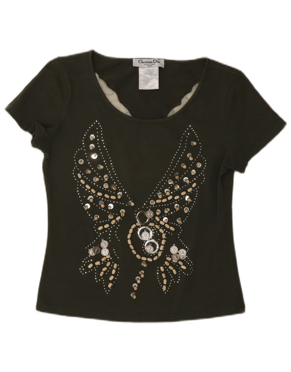 Damska koszulka z grafiką Christian Dior Top UK 14 Medium Khaki Butterfly