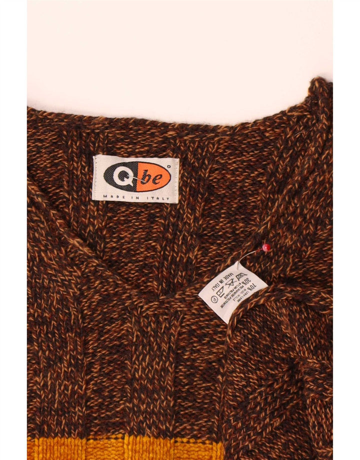 Męski sweter w stylu vintage z dekoltem w szpic, duży, brązowy, wełniany blok kolorów