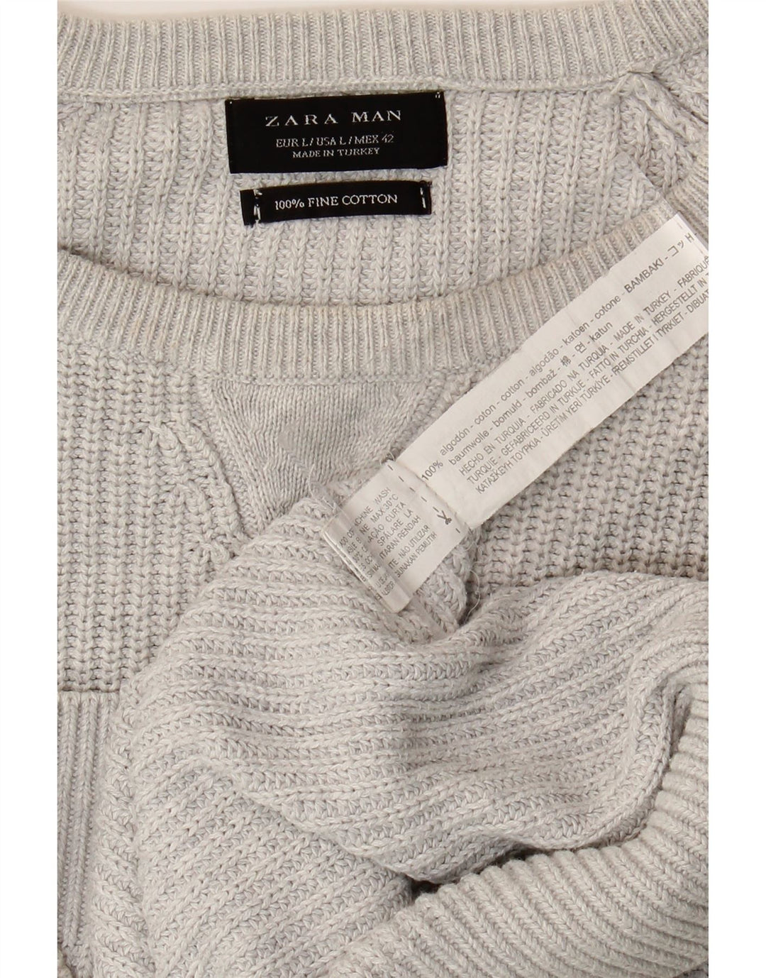 Męski sweter ZARA z okrągłym dekoltem, duży, szary, bawełniany