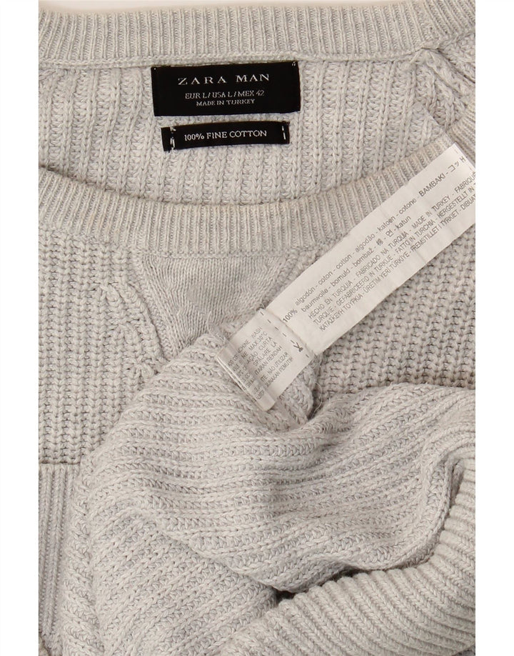 Męski sweter ZARA z okrągłym dekoltem, duży, szary, bawełniany
