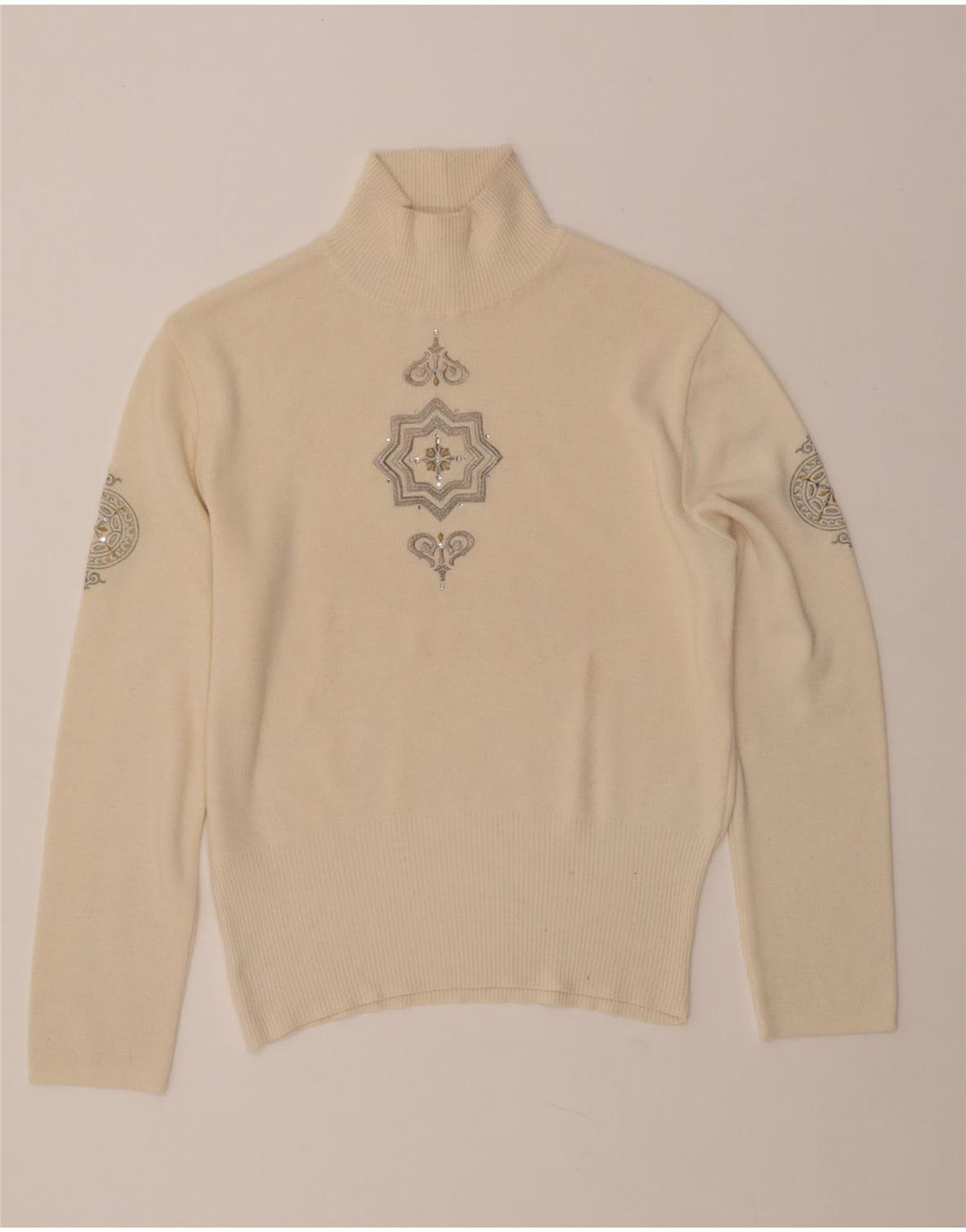 BOGNER Damski sweter z golfem UK 16, duży, beżowy, wełniany paisley