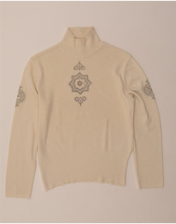 BOGNER Damski sweter z golfem UK 16, duży, beżowy, wełniany paisley