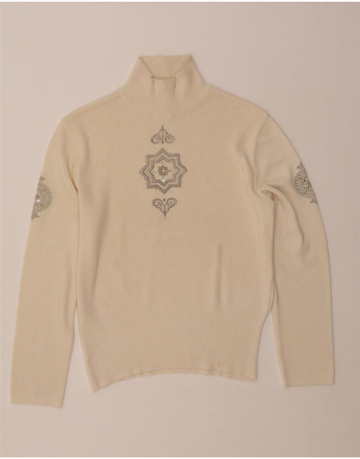 BOGNER Damski sweter z golfem UK 16, duży, beżowy, wełniany paisley