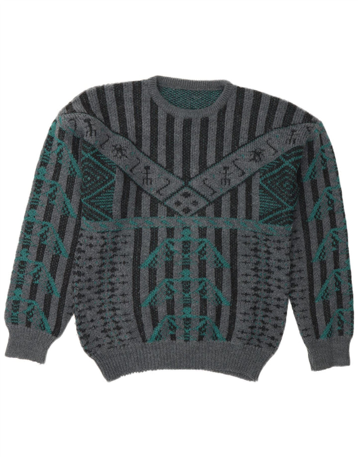 Męski sweter w stylu vintage z graficznym wycięciem pod szyją, w średnie szare paski w stylu retro