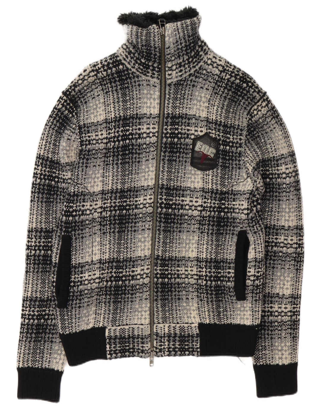 Sweter damski EDC Cardigan UK 16, duża, czarna owcza wełna w kratkę